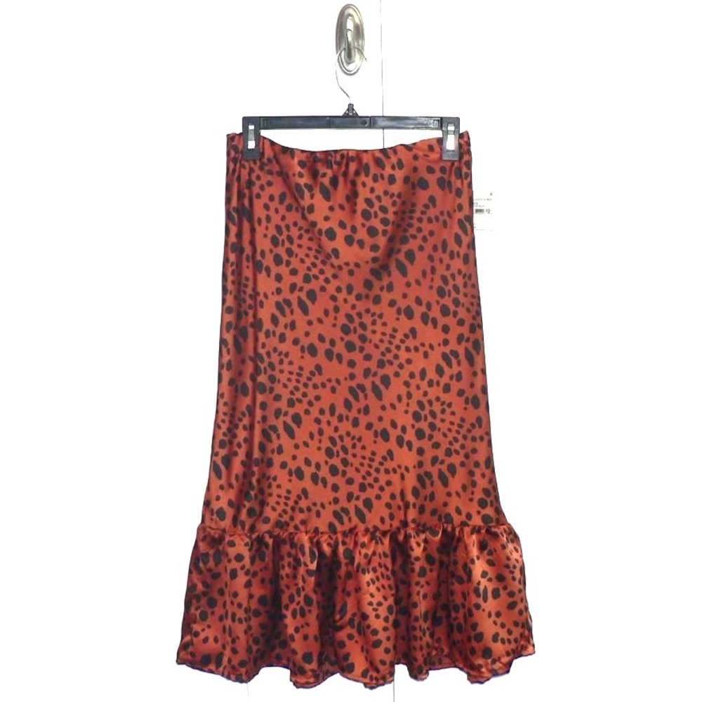 Forgotten Grace Women's Elastic Waist Ruffle Hem Leopard Midi Skirt Rust Black M